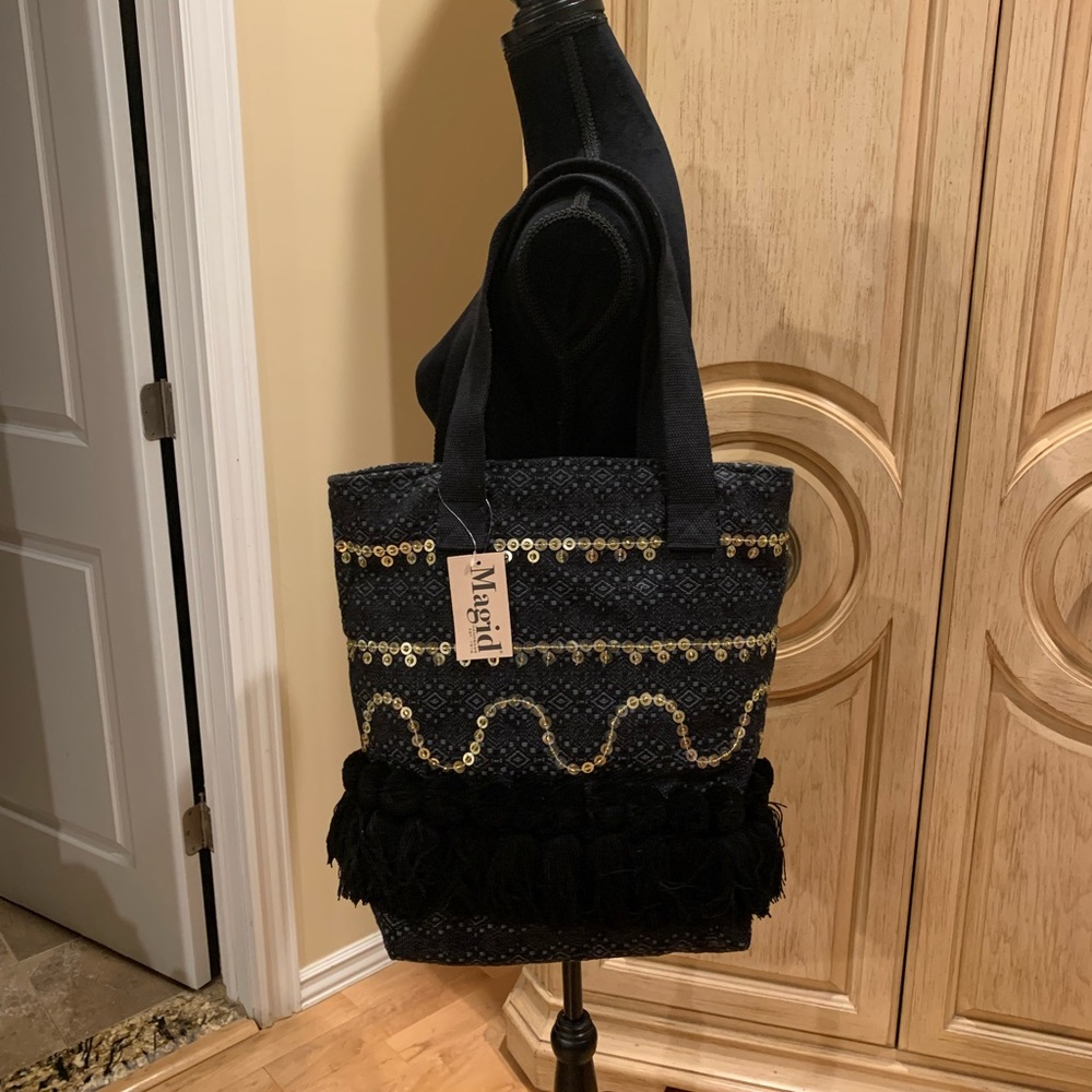 Magrid black, pom-pom, and sequin, black and gray beach, tote, NWT